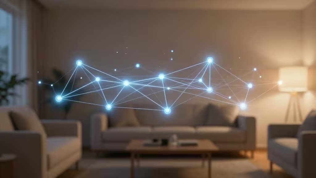 Visualizzazione astratta di una rete mesh smart home con nodi luminosi collegati da fili sottili in una stanza dal design minimale.