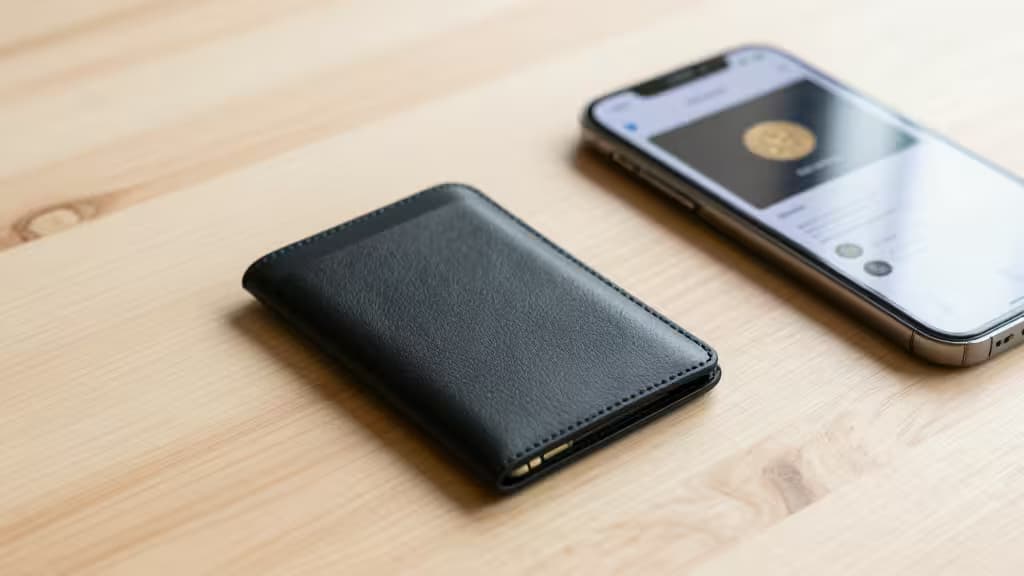 Portefeuille matériel Bitcoin en forme de carte NFC posé sur un bureau en bois à côté d'un smartphone affichant une application de portefeuille