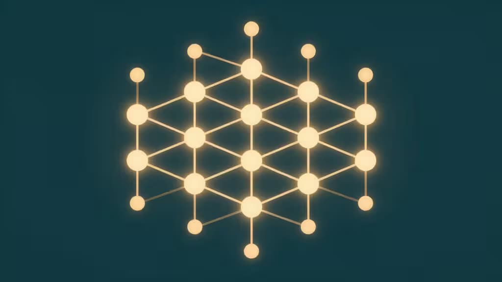 Glowing golden nodes connect via luminous lines, forming a structured grid against deep teal, symbolizing affordable distributed database clusters for startups.