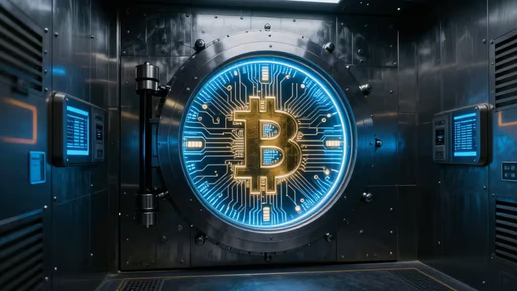 Porta de cofre de aço reforçado com padrão de circuito azul luminoso e símbolo central de Bitcoin dourado, ladeada por painéis de controlo digital.