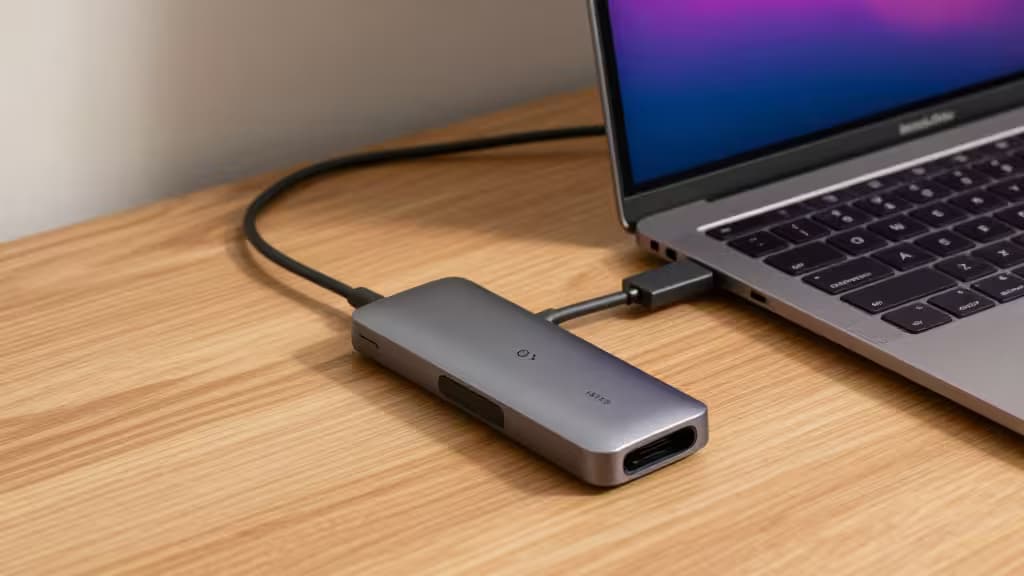 Hub USB-C collegato a un MacBook Pro su una scrivania in legno, con un monitor esterno che mostra grafiche colorate, illuminazione calda da studio professionale