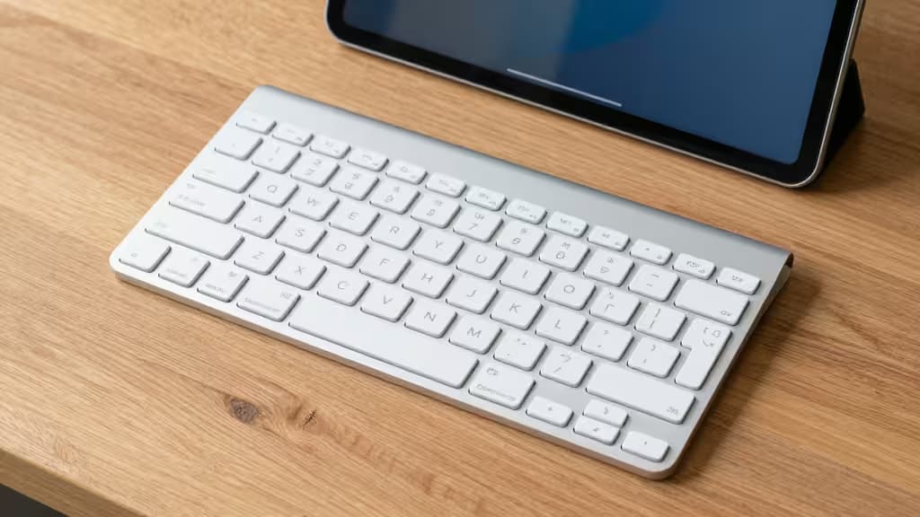 A sleek white Bluetooth keyboard rests on a wooden desk beside an Android tablet.
