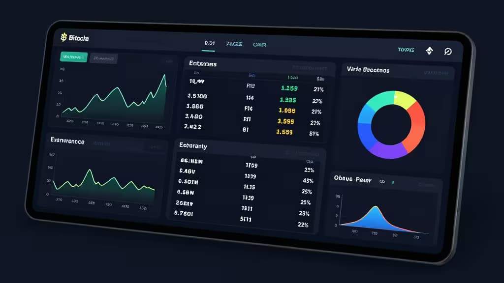 Dark fintech dashboard showing unified crypto portfolio with Bitcoin and Ethereum charts, balance overview, and asset allocation pie chart
