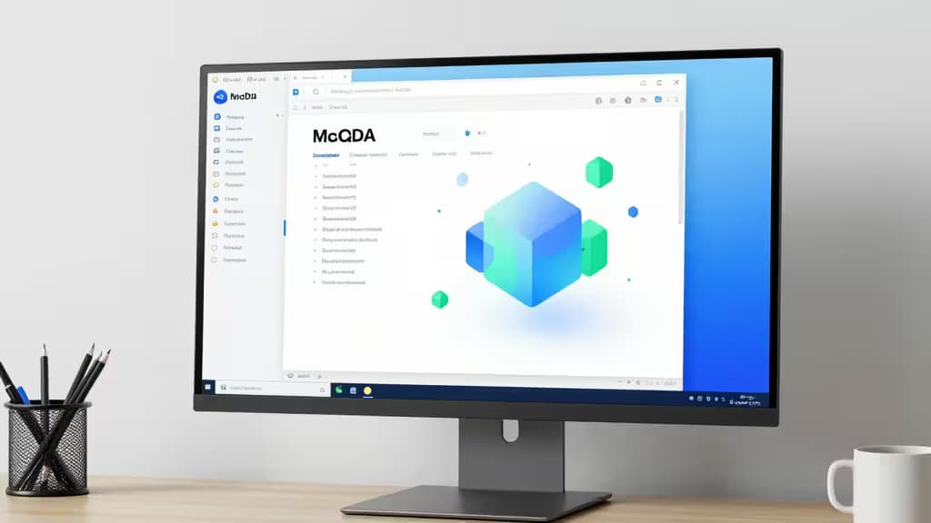 Un écran d'ordinateur élégant affiche une interface MongoDB avec des graphismes géométriques, entouré de stylos et d'une tasse sur un bureau.