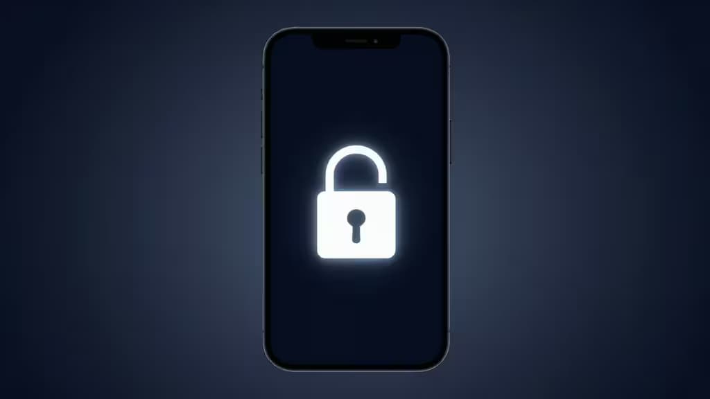 Glowing white padlock icon centered on a black iPhone screen against a dark blue gradient background.