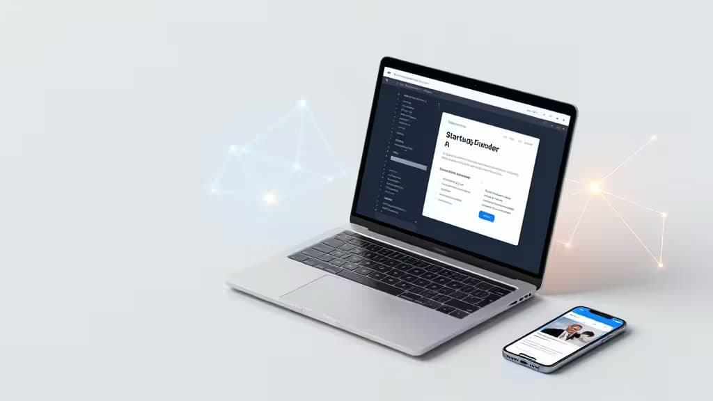 Ordinateur portable et smartphone affichant des outils IA pour startups, entourés de graphiques de réseau lumineux sur fond blanc.