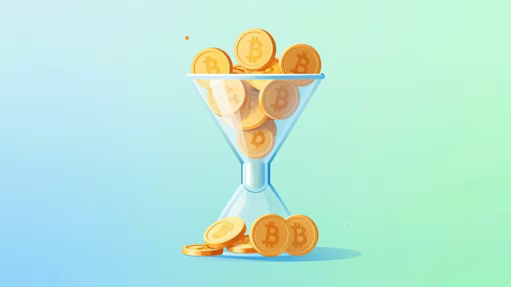 Golden Bitcoin coins spill from a clear glass hourglass against a soft blue-green gradient background.