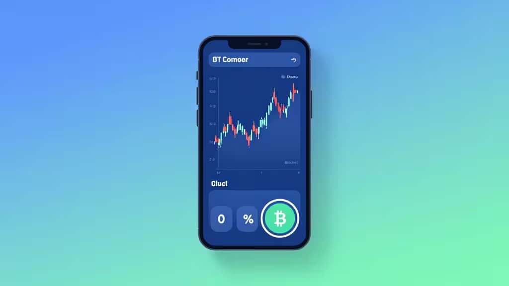 Abstrakte Illustration eines Smartphones mit Krypto-Handelsdiagramm in Blau- und Grüntönen