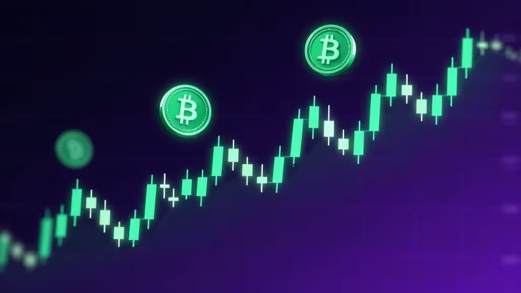 Zielone monety Bitcoin unoszą się nad rosnącym wykresem świecowym na fioletowym tle, symbolizując wzrost rynku kryptowalut.