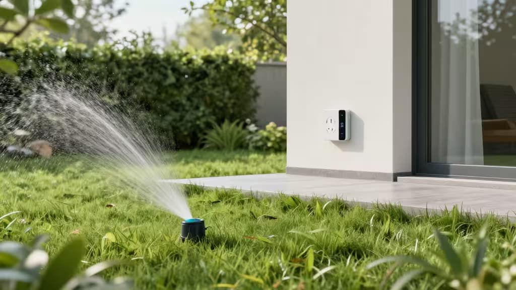 Smart sprinkler waters lawn beside wall-mounted smart plug on modern home exterior.