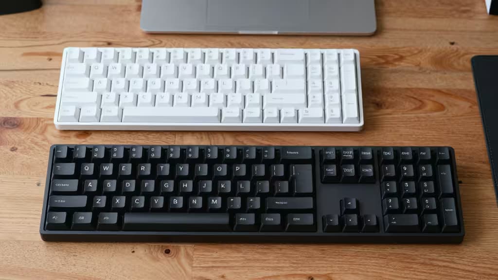 Three compact mechanical keyboards—white, black, and silver—rest on a light wood desk.