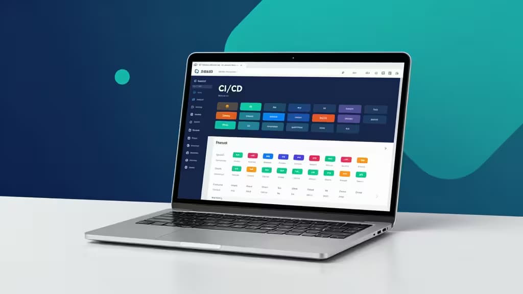 Silver laptop displays CI/CD dashboard with colorful feature flags on white desk, teal-blue background.