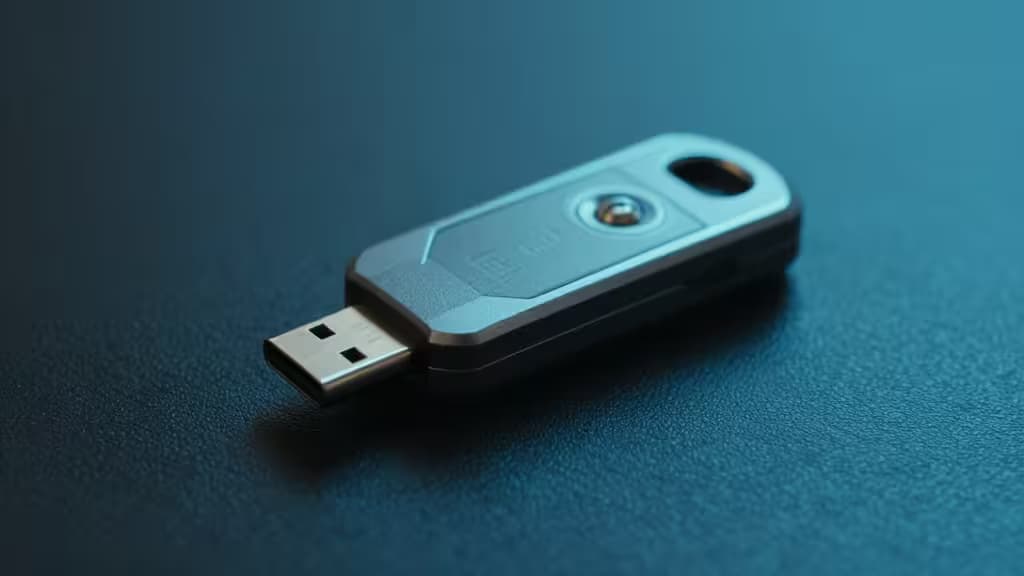 Una chiave di sicurezza USB metallica su superficie blu texturizzata, simbolo delle alternative MFA resistenti al phishing a YubiKey.