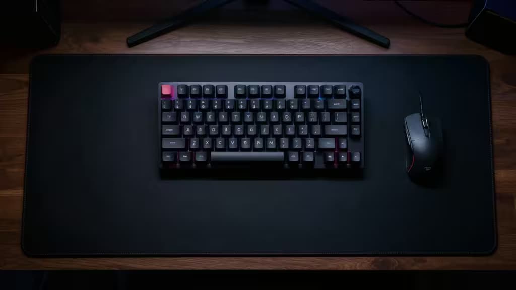 Abstracte bovenaanzicht van een gaming-bureau met een grote donkere desk mat, mechanisch toetsenbord, gaming-muis en subtiele RGB-verlichting.