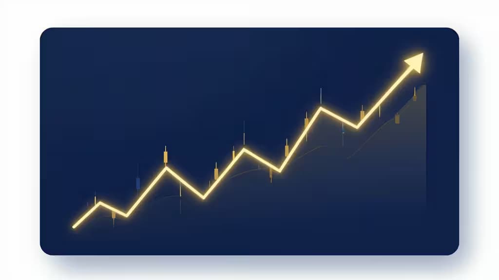 A glowing golden arrow ascends over candlestick charts on a dark blue background, symbolizing growth.