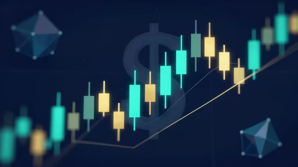 Glowing teal and gold candlesticks rise diagonally across a dark blue background, overlaid with a translucent dollar sign and floating geometric crypto symbols.