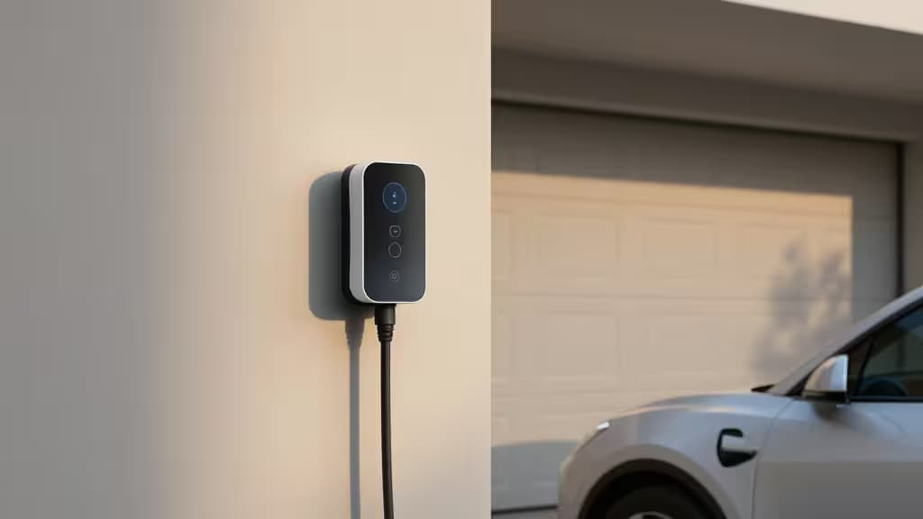 Sleek black-and-white EV charger mounted on beige wall beside white car in garage.