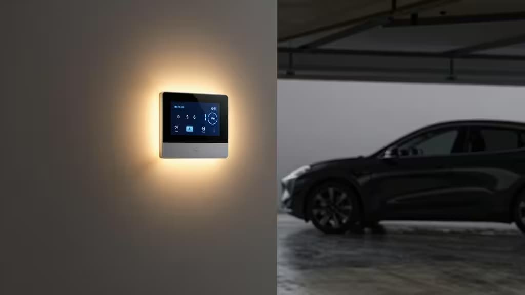 Leuchtendes smartes Thermostat an beigefarbener Wand neben dunklem SUV in moderner Garage.