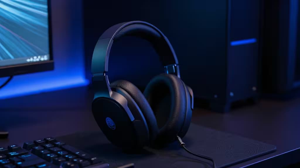 Casque gaming noir avec câble 3.5mm, posé sur bureau PC sous lumière bleue.