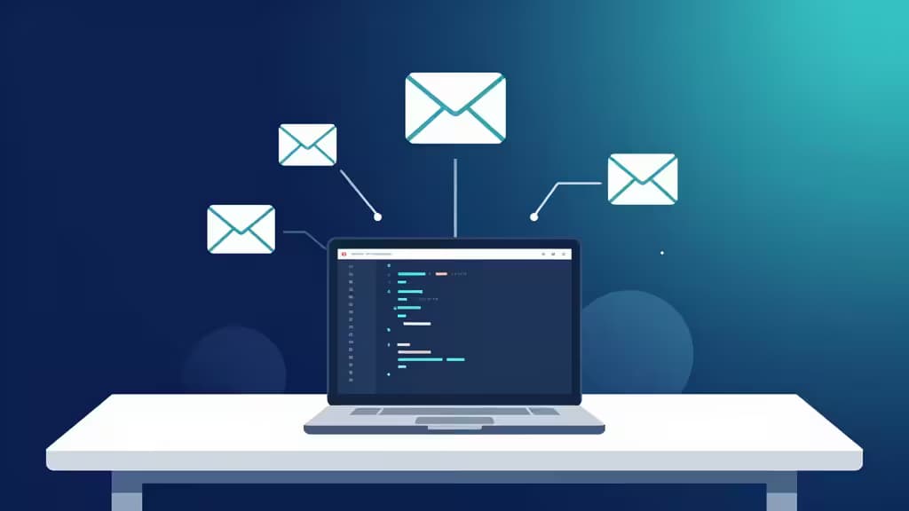 Laptop displays code while stylized email icons float above, illustrating transactional email API integration for developers.