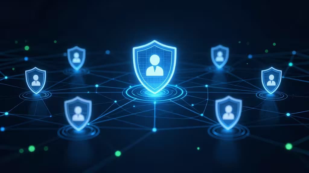 Glowing blue shields with user icons connected by network lines on a dark background.