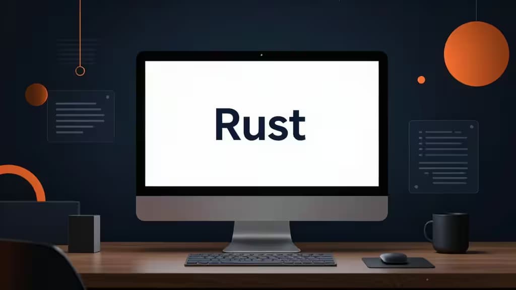 Un écran élégant affiche le logo Rust sur un bureau en bois, encadré par des orbes oranges et des panneaux de code à thème IA.