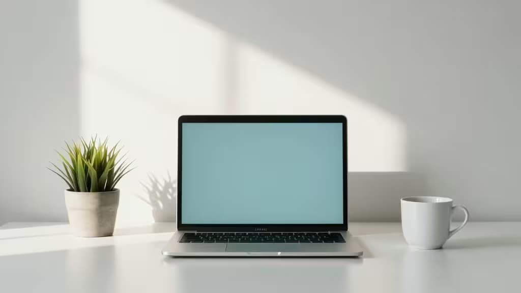 Silver laptop, white mug, potted plant on minimalist desk, soft shadows, clean modern workspace.
