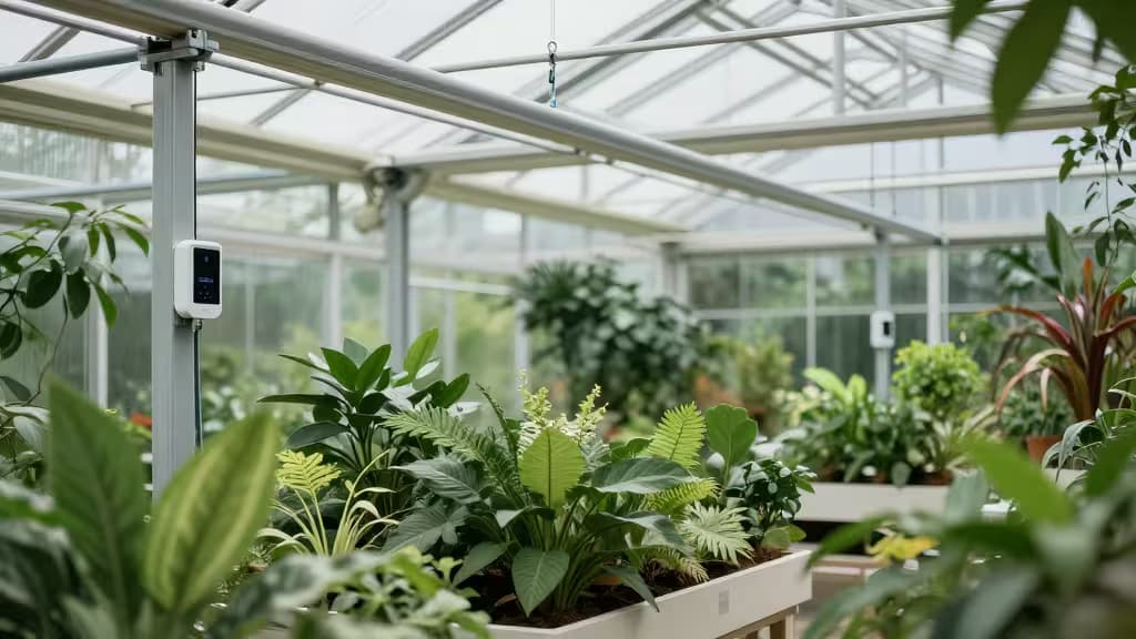 Smart sensors monitor lush plants in a modern glass greenhouse with automated climate control.