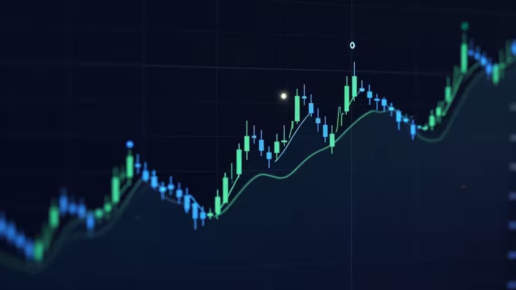 Un grafico a candele dinamico con barre verdi e blu, sovrapposto a una linea di tendenza morbida, su sfondo scuro.