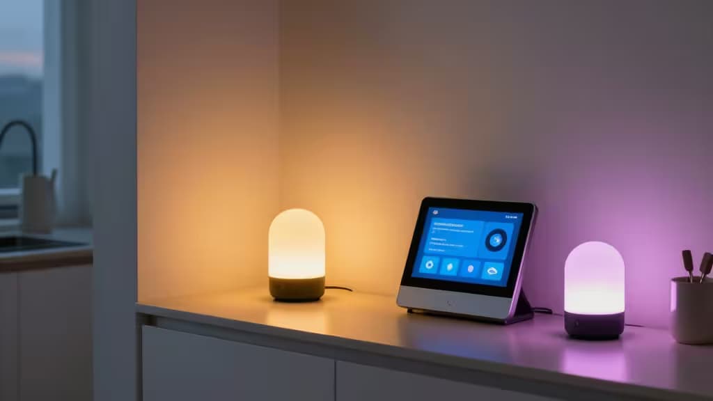 Smart display and color-changing lamps provide visual alerts on a sleek countertop, replacing sound-based notifications for accessibility.