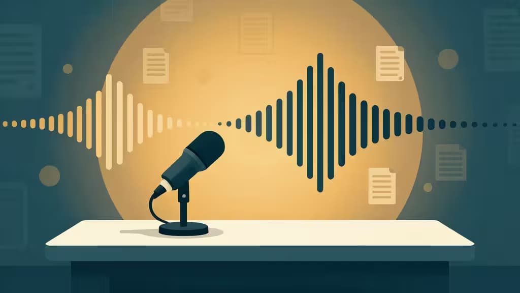 Abstract illustration of a podcast studio with a microphone and sound waves transforming into text and document icons in warm amber and teal tones.