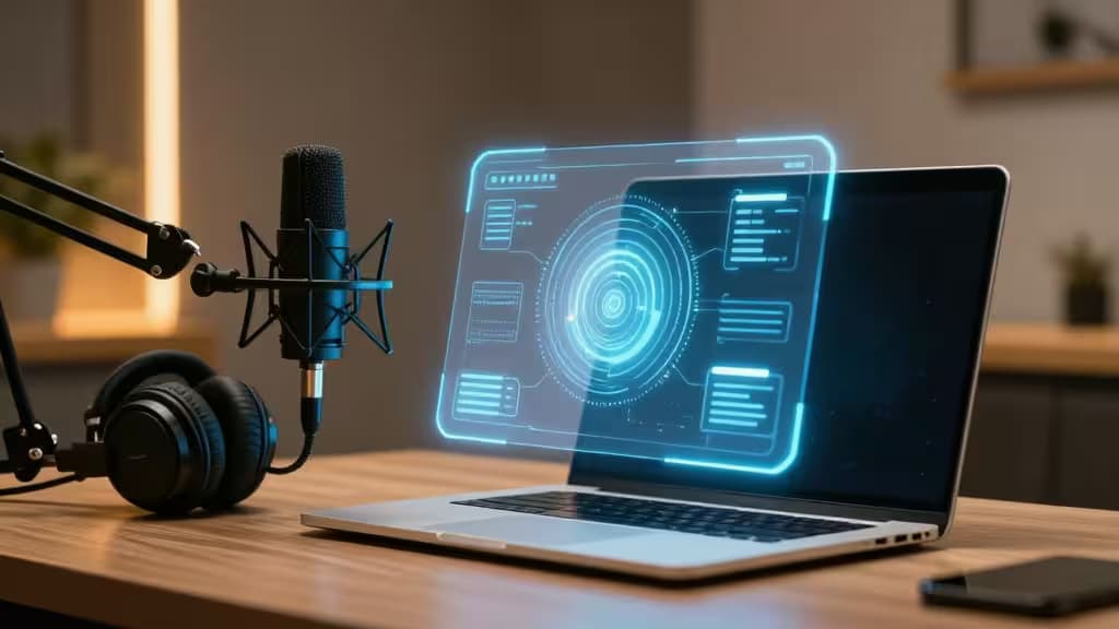 Un laptop mostra un'interfaccia AI olografica accanto a un microfono professionale e cuffie su una scrivania in legno.