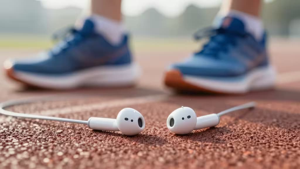 White wireless earbuds rest on red track surface, with blue running shoes blurred in background.