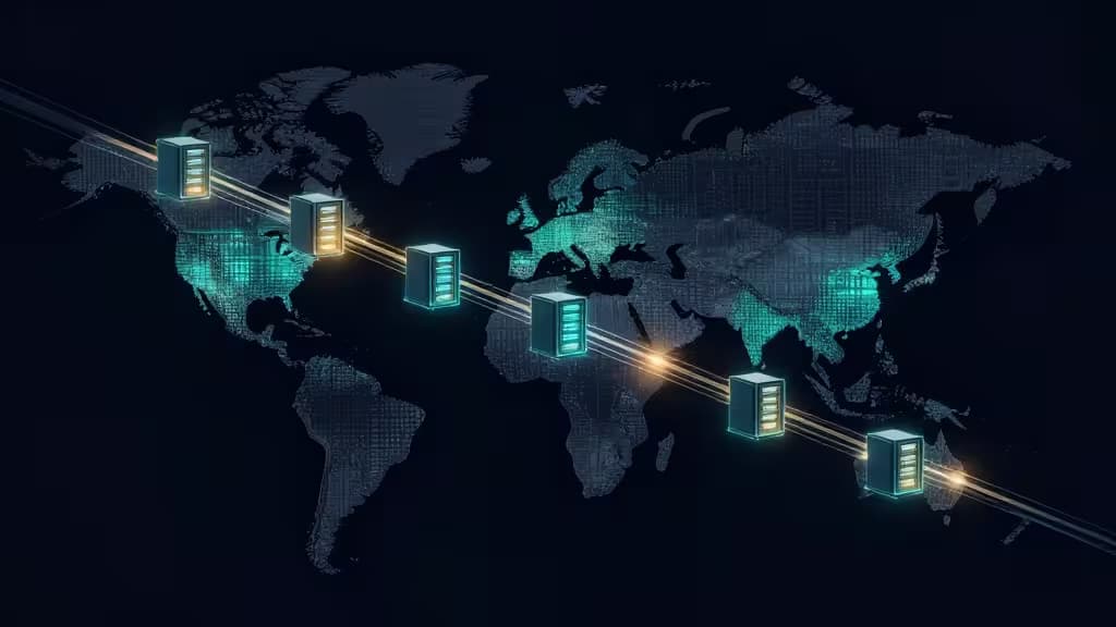 Glowing server nodes chain across a digital world map, illustrating multi-hop VPN encryption for global privacy and security.