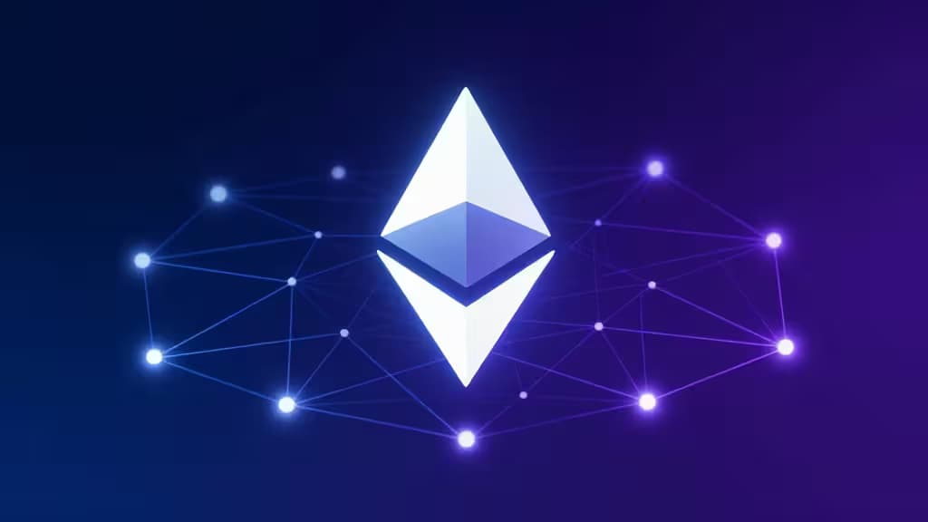 Glowing Ethereum diamond centered within a luminous blue-purple network of interconnected validator nodes on a dark gradient background.
