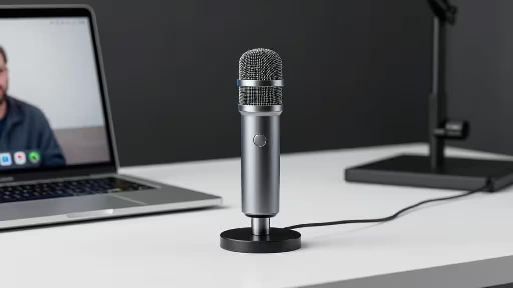 Micrófono USB sobre un escritorio minimalista junto a un portátil con interfaz de videollamada, iluminación suave de estudio