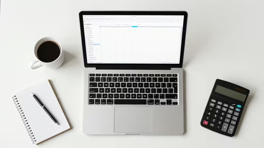 Laptop z oprogramowaniem do śledzenia wydatków obok notesu, długopisu, filiżanki kawy i kalkulatora na czystym białym biurku.