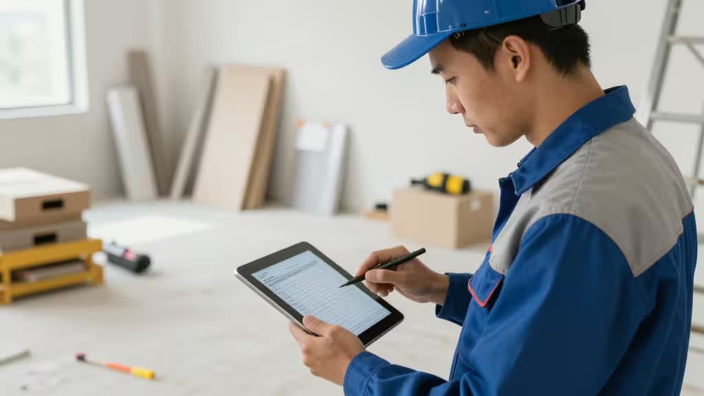 Contractor in blue uniform reviews expense spreadsheet on tablet at renovation site.