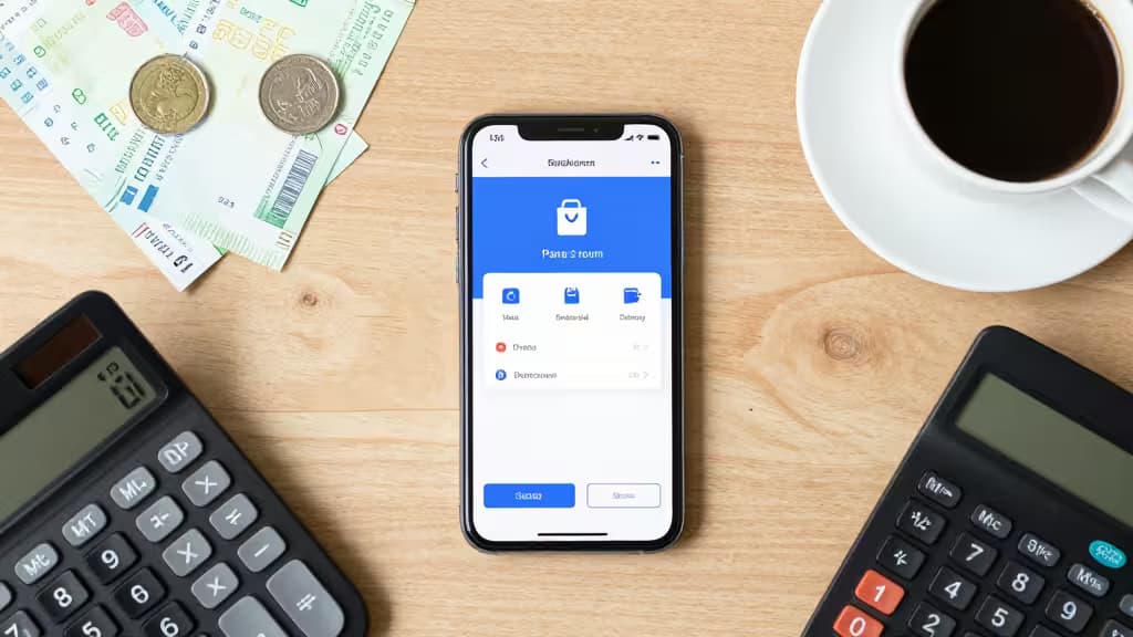 Smartphone displays Polish banking app interface, flanked by calculators, zloty banknotes, and coffee on wooden desk.