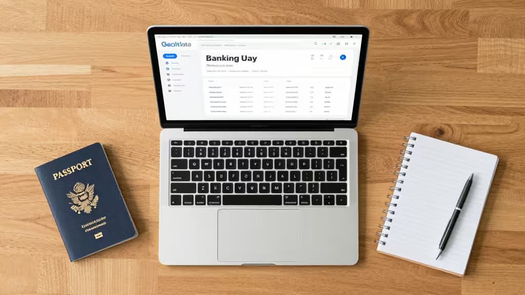 Laptop displays banking app, passport, notebook, and pen on wooden desk.