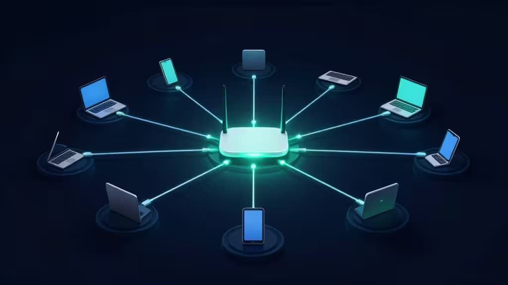 Glowing router connects laptops and phones via digital lines, illustrating secure remote home network access.