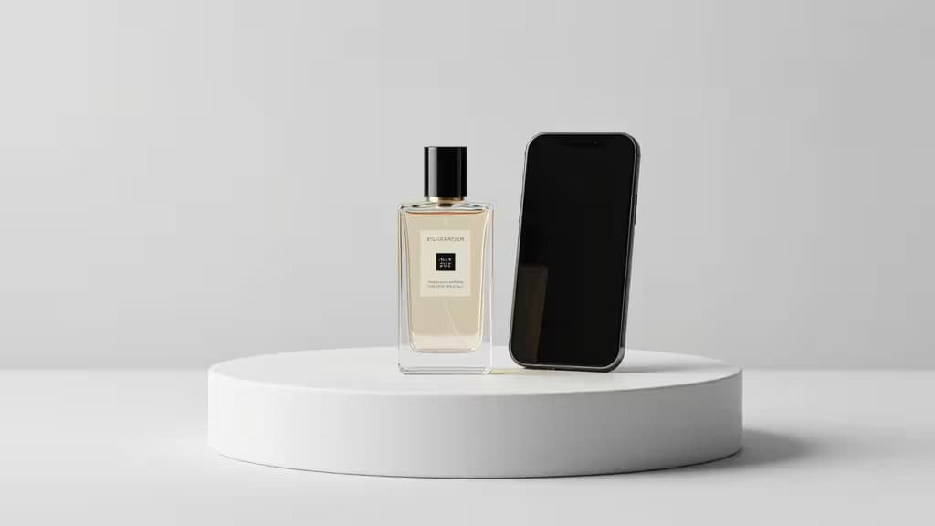 Un flacon de parfum et un smartphone reposent sur un piédestal blanc, illustrant la photographie de produit améliorée par l'IA.