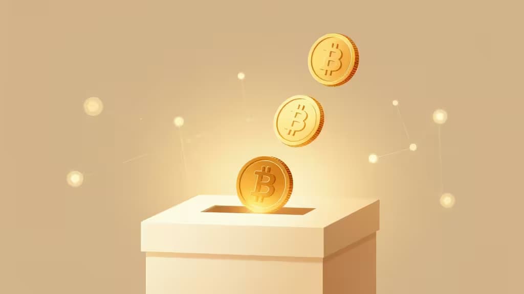 Trois pièces Bitcoin dorées tombent dans une boîte de dons blanche, symbolisant les contributions en cryptomonnaie pour les organisations caritatives.