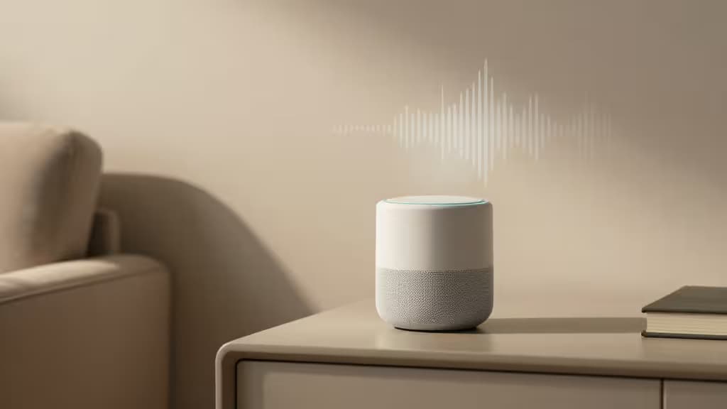 Une enceinte connectée blanche posée sur une table beige émet des ondes sonores dans un salon minimaliste.