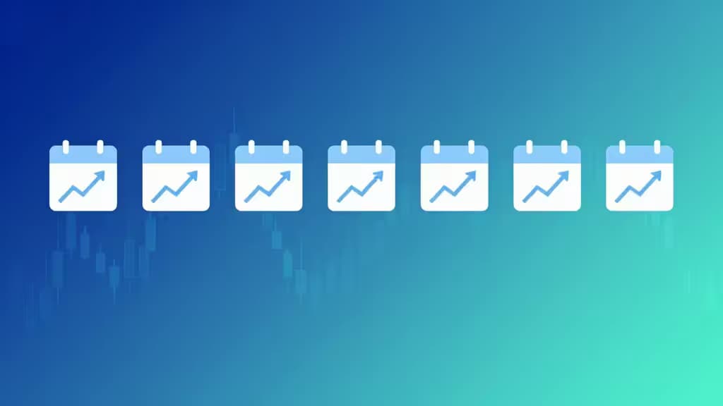 Abstract illustration of evenly spaced calendar icons with small upward-trending candlestick charts between them, symbolizing automated recurring cryptocurrency purchases over time on a blue gradient background.
