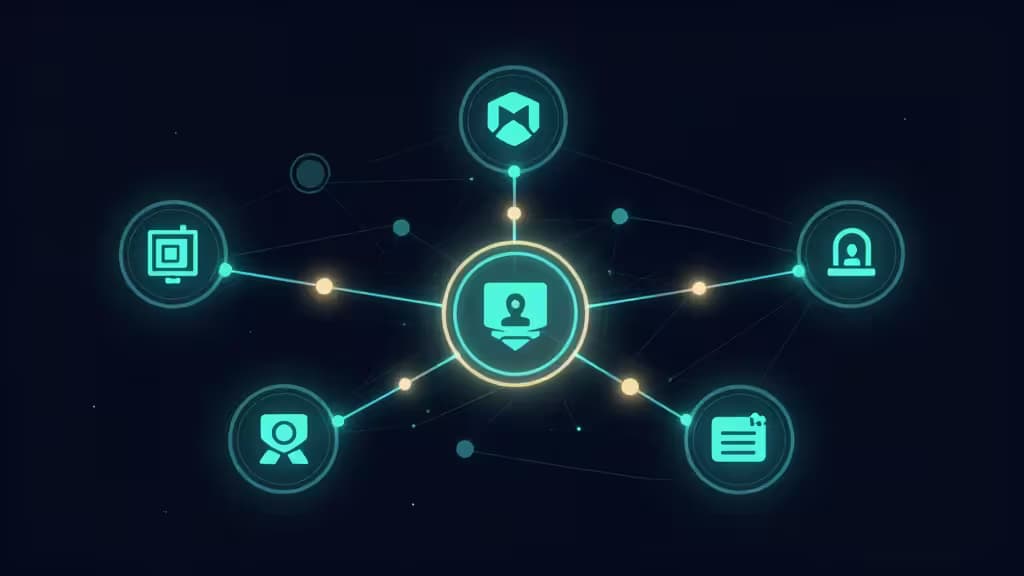 Glowing cyan developer tool icons radiate from a central AI node, linked by luminous protocol lines across a dark digital network.