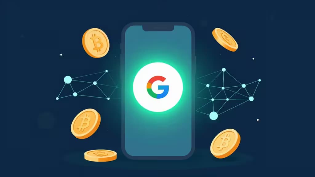 A glowing smartphone displays the Google Pay logo, surrounded by floating Bitcoin coins and network nodes, symbolizing crypto purchases via Google Pay on Android.