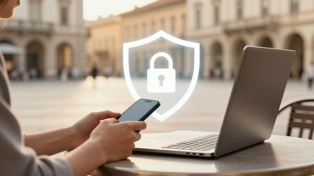 Reisender nutzt Smartphone und Laptop an einem Café-Tisch, ein Schild-Symbol symbolisiert die sichere VPN-Verbindung.