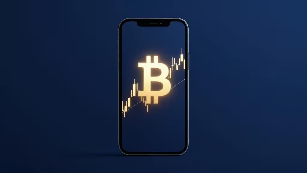 Símbolo de Bitcoin dourado sobre um gráfico de velas em ascensão num ecrã de smartphone contra um fundo azul profundo.