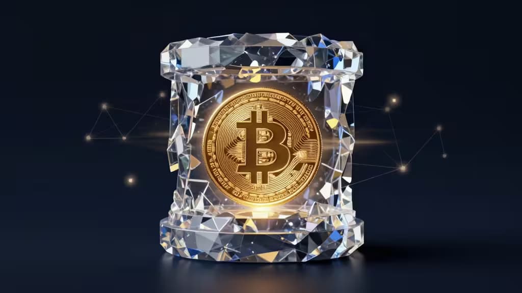 Abstract golden Bitcoin coin embedded in a crystalline vault structure with network nodes on a dark navy background